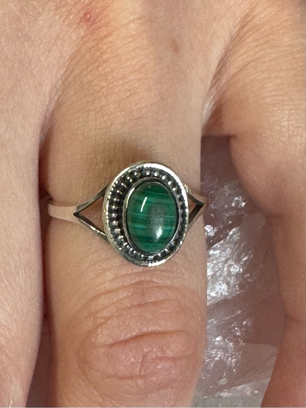 Malachite Sterling Silver Oval Shadow Box Ring - Size 5.75 - 6